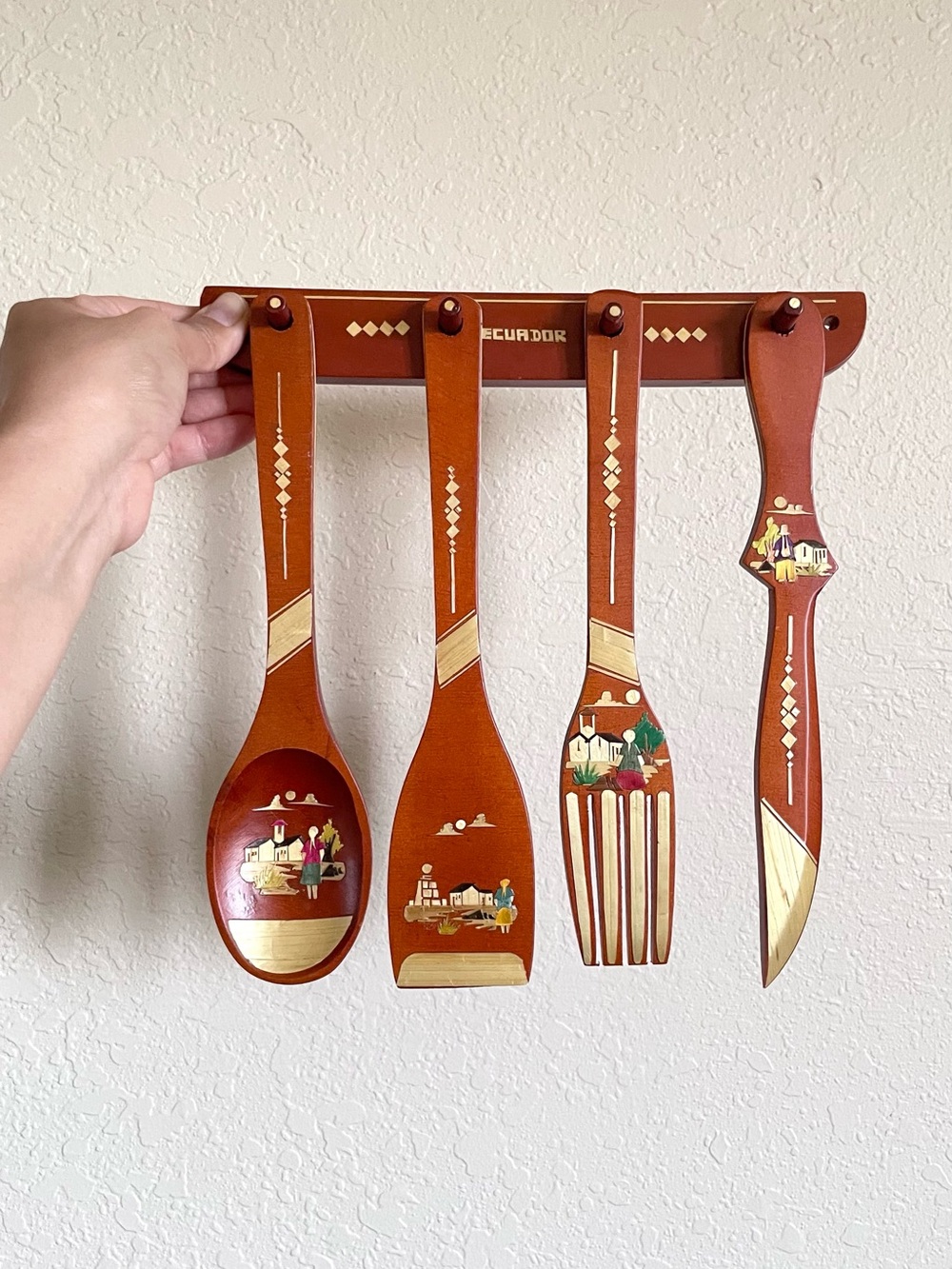 Ecuador Wood Gold Painted Carved Kitchen Utensil Souvenir Set